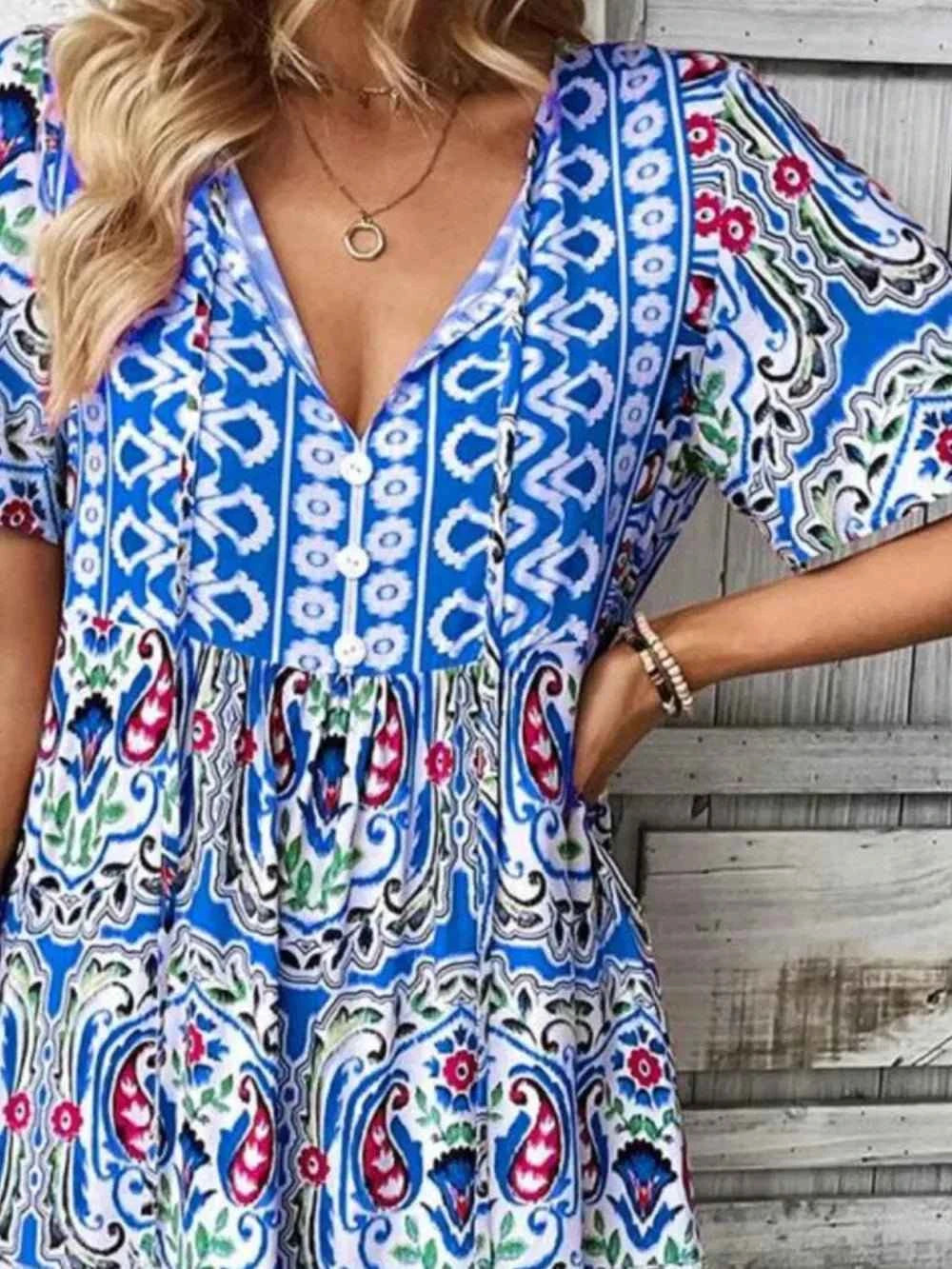 Printed Tie Neck Short Sleeve Dress