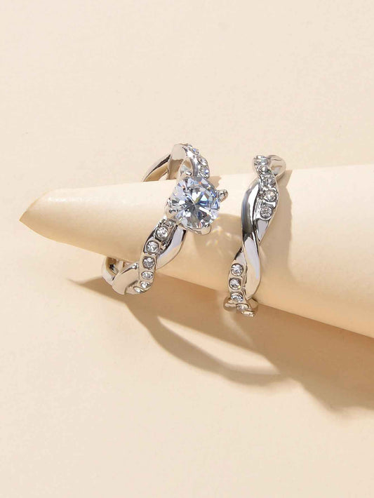 2-Piece Simulated Diamond Silver Wedding Engagement Ring Set