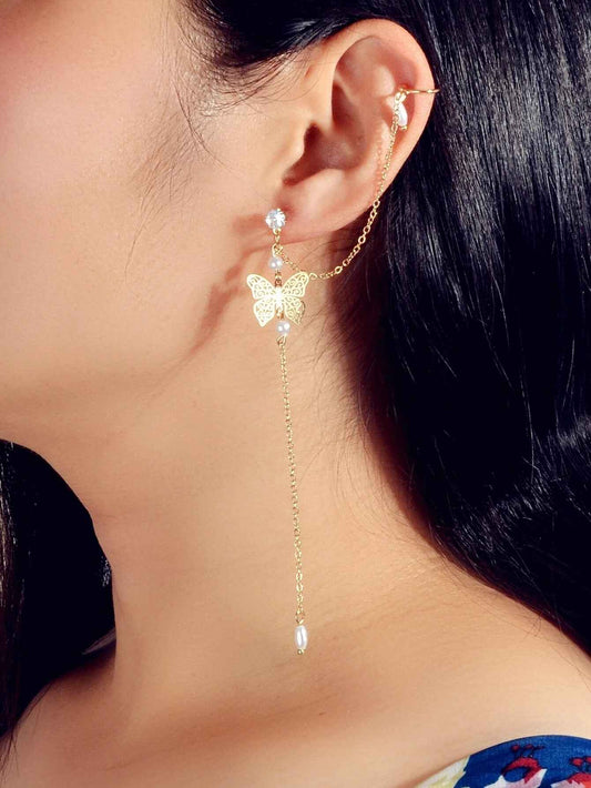 Crystal Pearl Butterfly Chain Cartilage Earring with Ear Cuff