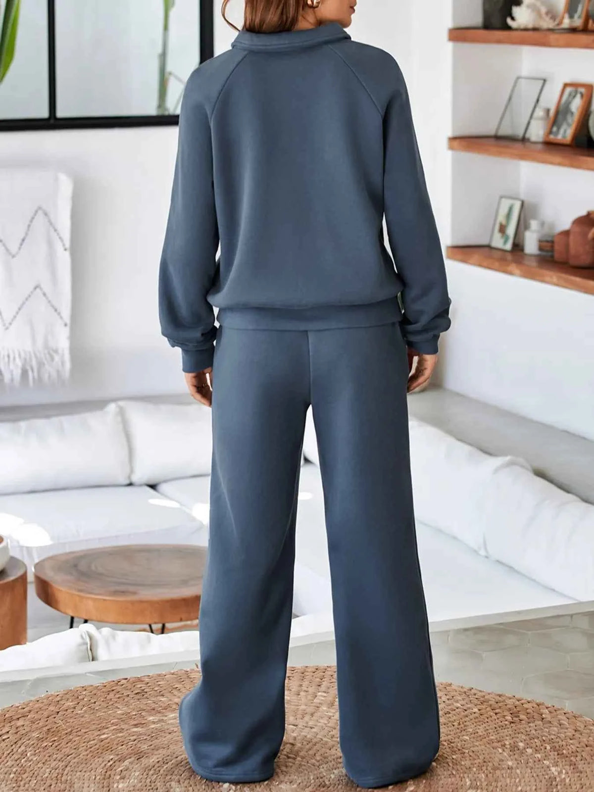 Collared Sweatshirt and High Waist Pants Active Set