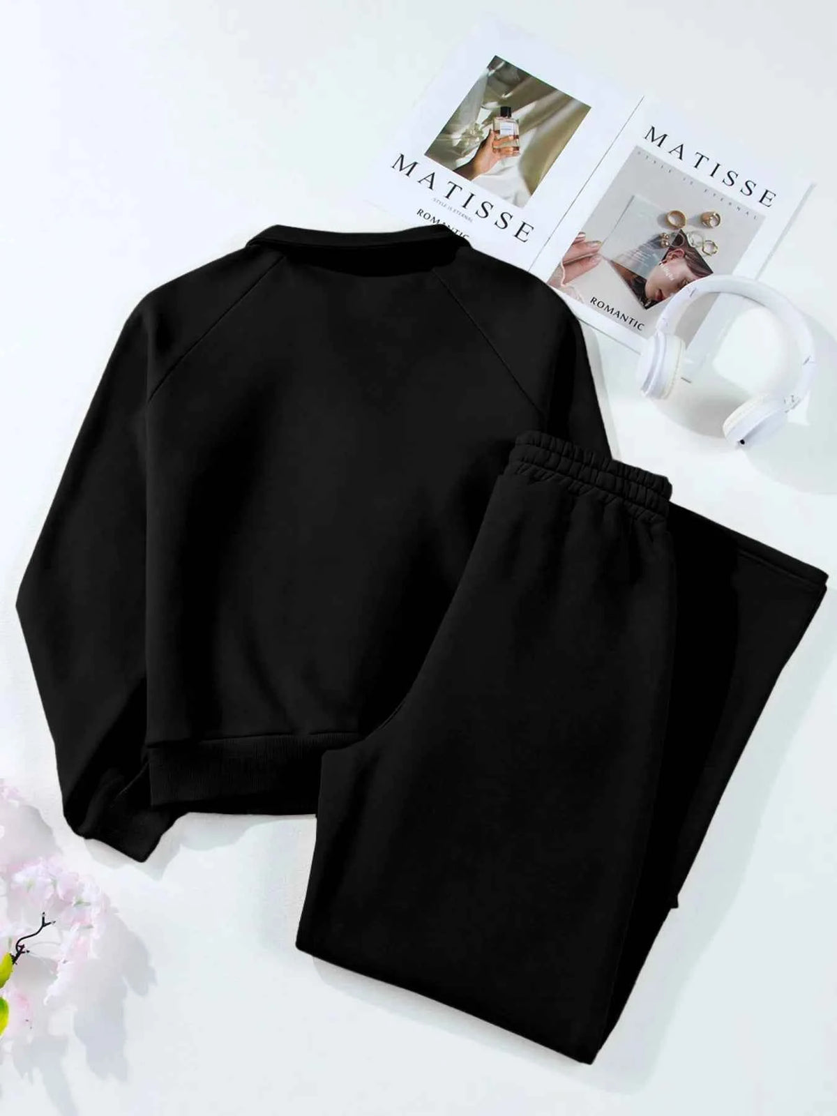 Collared Sweatshirt and High Waist Pants Active Set