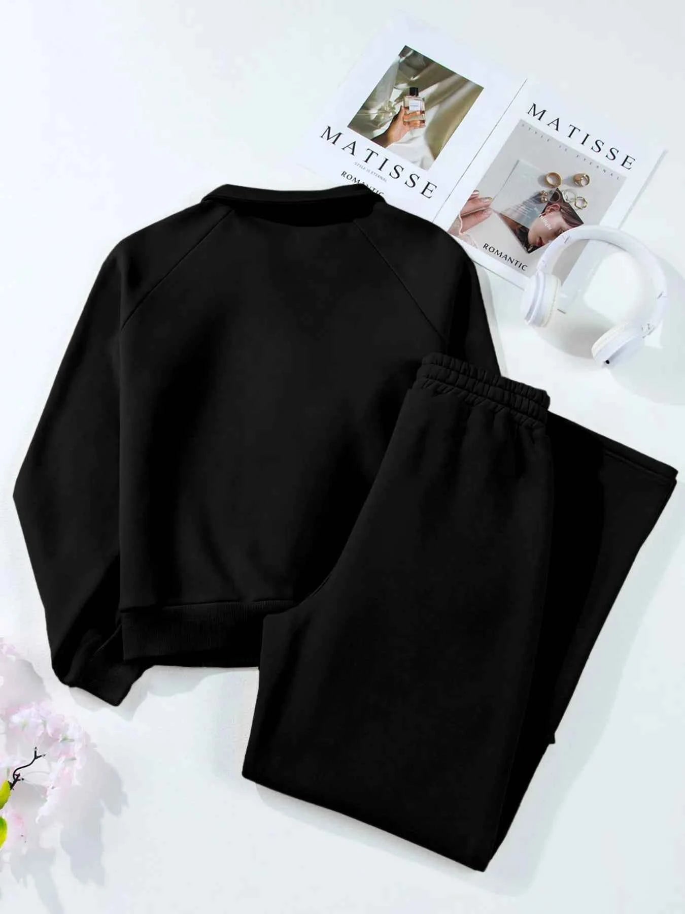 Collared Sweatshirt and High Waist Pants Active Set