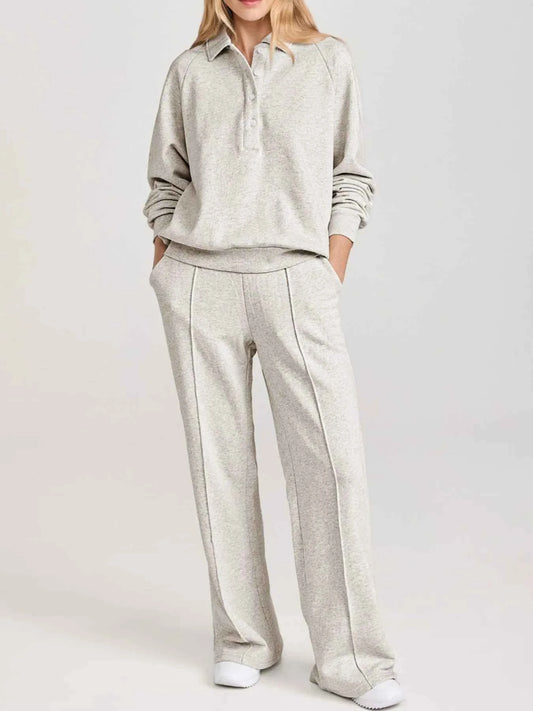 Collared Sweatshirt and High Waist Pants Active Set