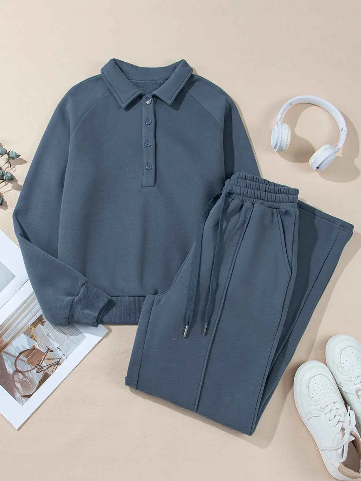 Collared Sweatshirt and High Waist Pants Active Set
