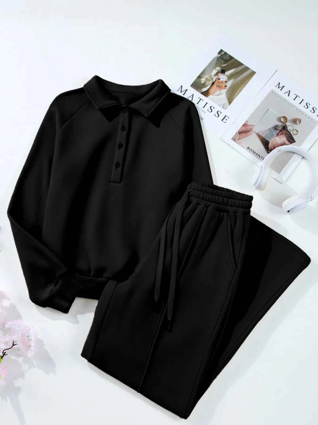 Collared Sweatshirt and High Waist Pants Active Set