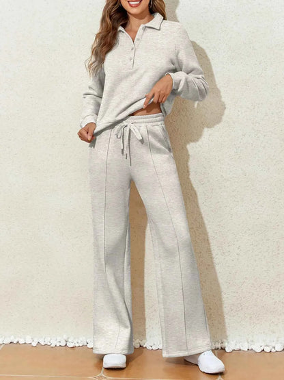 Collared Sweatshirt and High Waist Pants Active Set