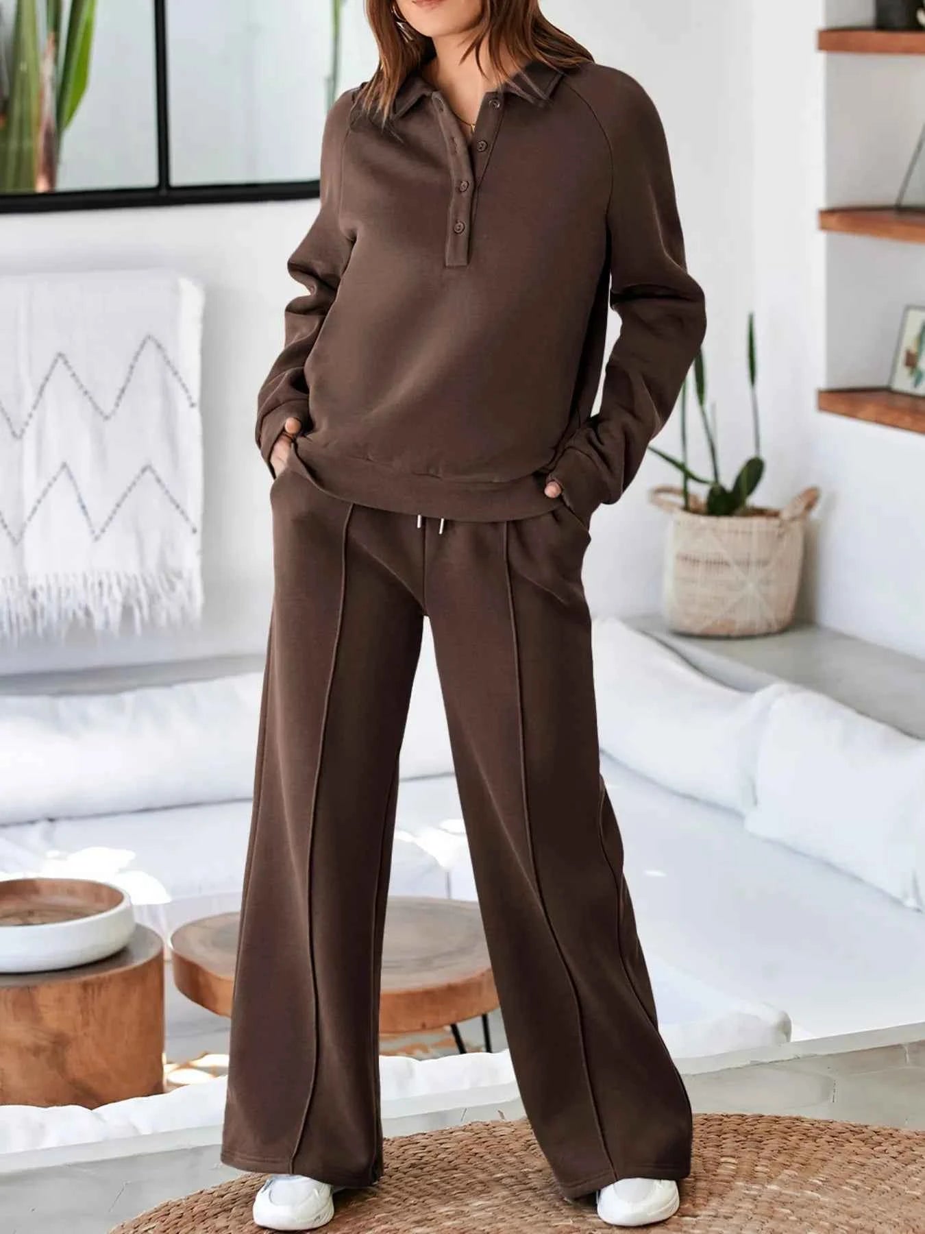 Collared Sweatshirt and High Waist Pants Active Set
