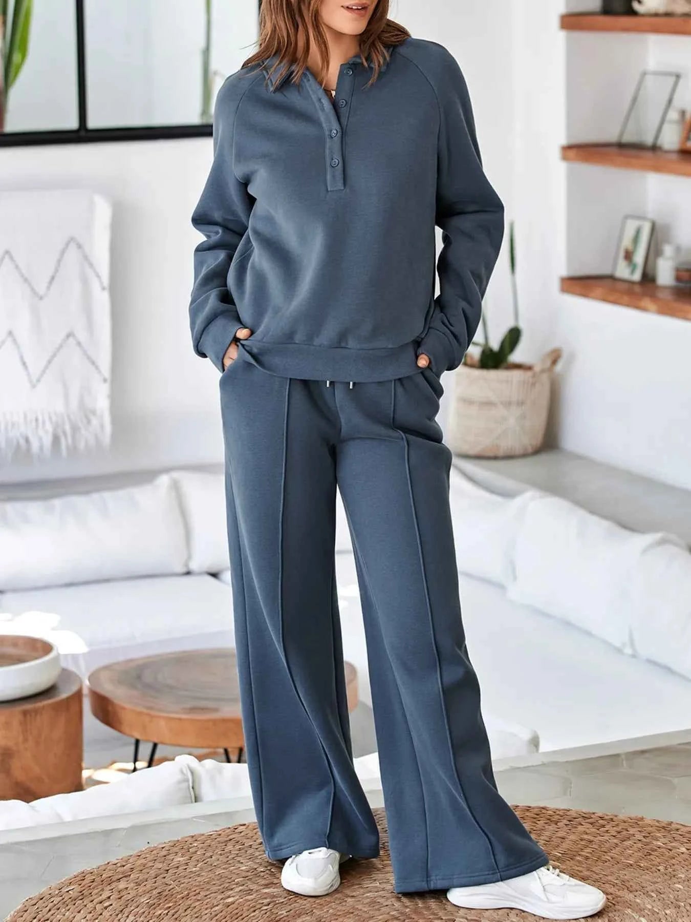 Collared Sweatshirt and High Waist Pants Active Set