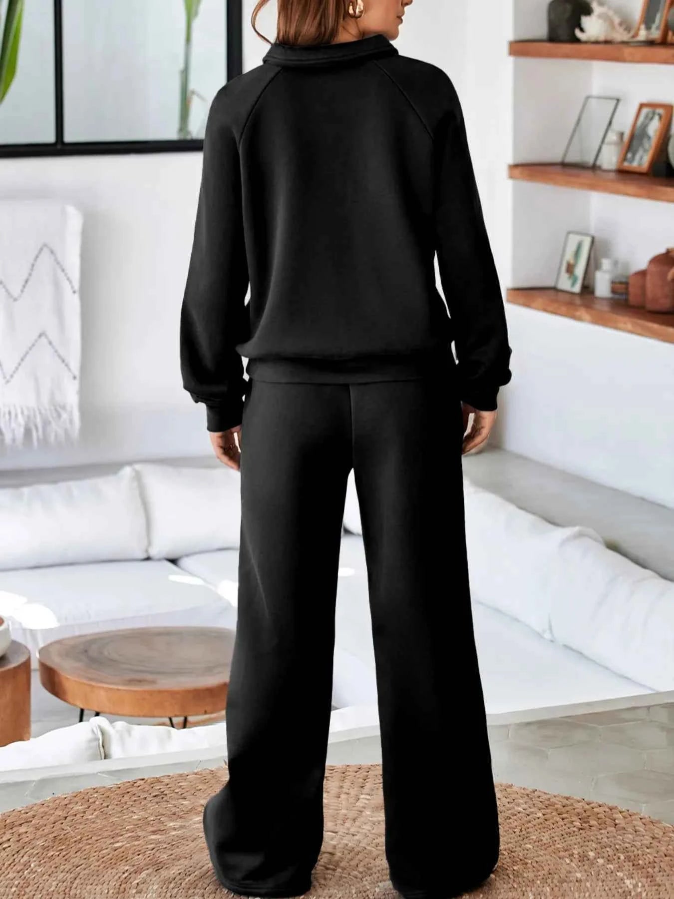Collared Sweatshirt and High Waist Pants Active Set
