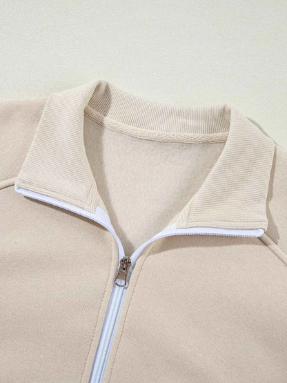 Drop Shoulder Zip Up Jacket and Drawstring Pants Active 2pcs Set