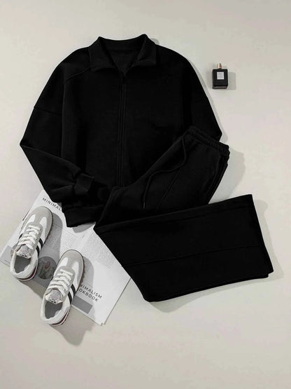 Drop Shoulder Zip Up Jacket and Drawstring Pants Active 2pcs Set