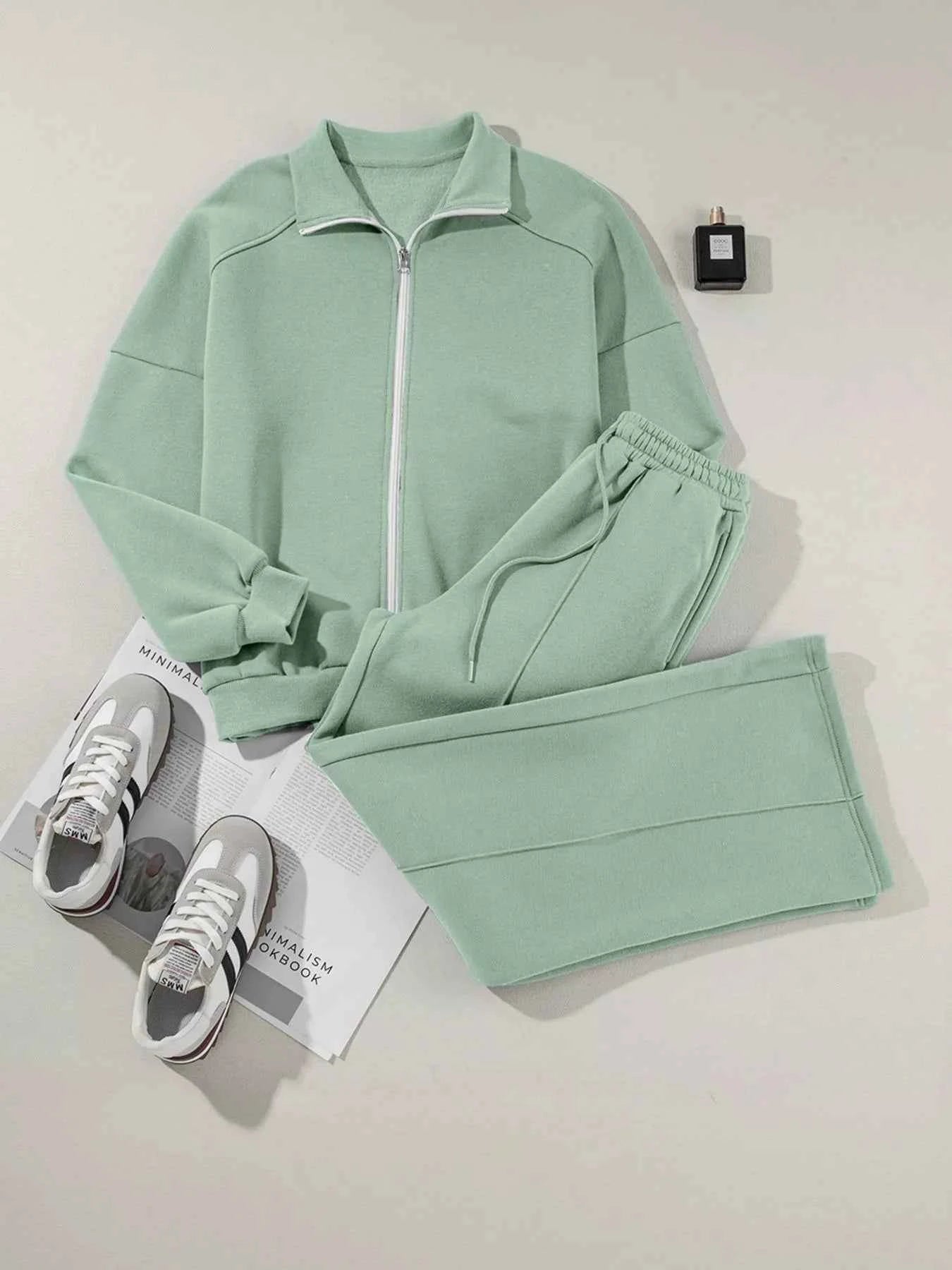 Drop Shoulder Zip Up Jacket and Drawstring Pants Active 2pcs Set