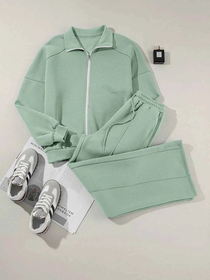 Drop Shoulder Zip Up Jacket and Drawstring Pants Active 2pcs Set