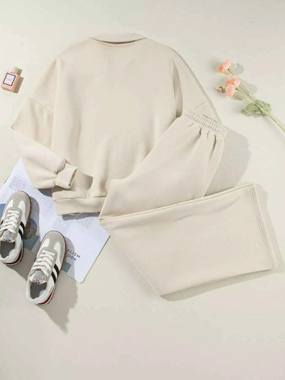 Drop Shoulder Zip Up Jacket and Drawstring Pants Active 2pcs Set