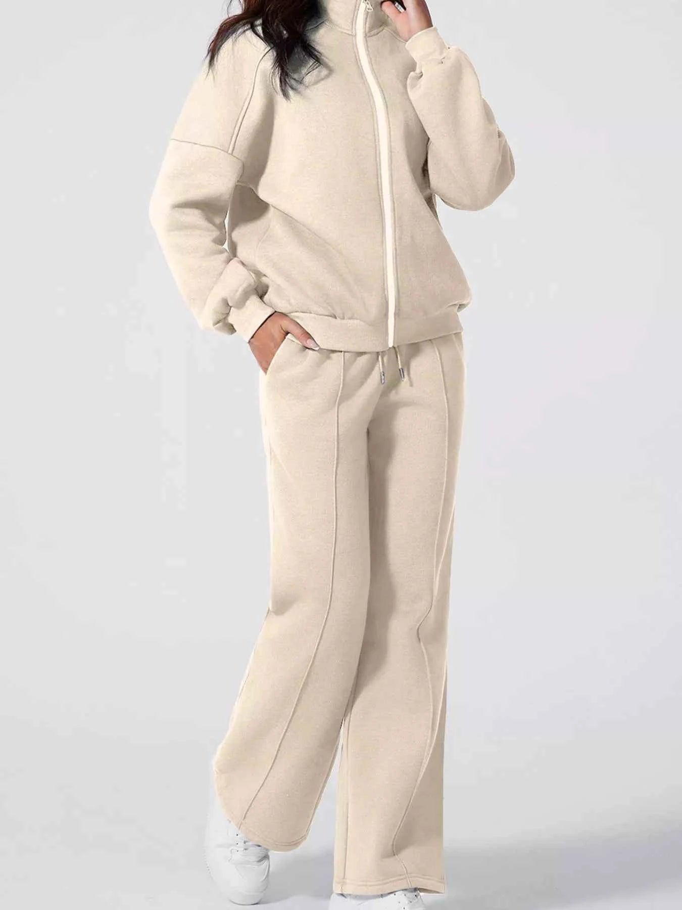 Drop Shoulder Zip Up Jacket and Drawstring Pants Active 2pcs Set