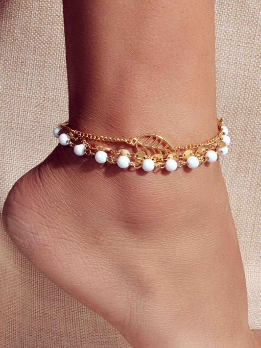 Multi-Layer Chain Anklet with White Beads and Leaf Charm
