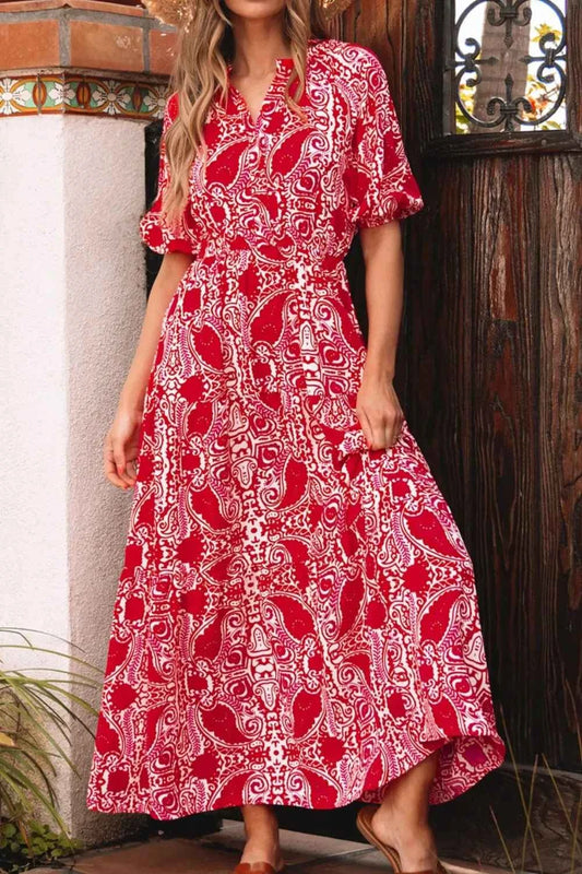 Paisley Print Side Slit Puff Sleeve High Waist Maxi Dress