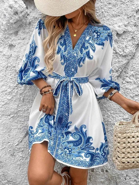 Paisley V-Neck 3/4 Sleeve Mini Dress