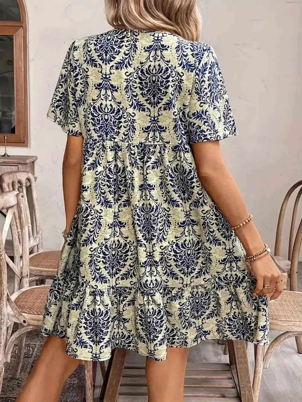 Printed Tie Neck Short Sleeve Dress