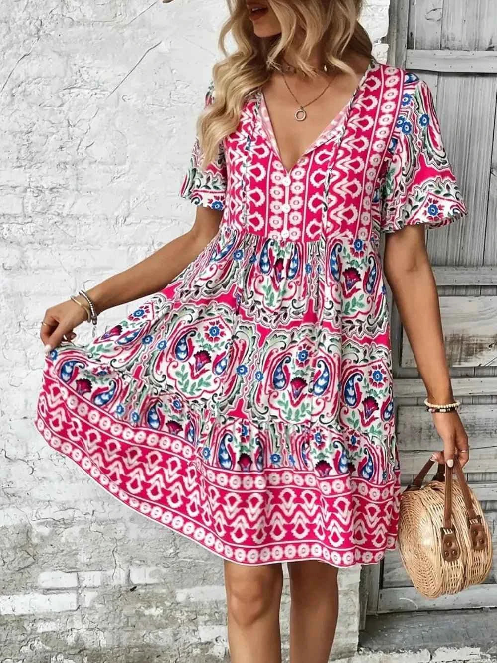 Printed Tie Neck Short Sleeve Dress