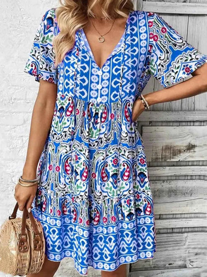 Printed Tie Neck Short Sleeve Dress