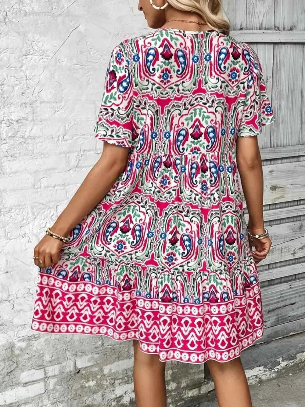 Printed Tie Neck Short Sleeve Dress