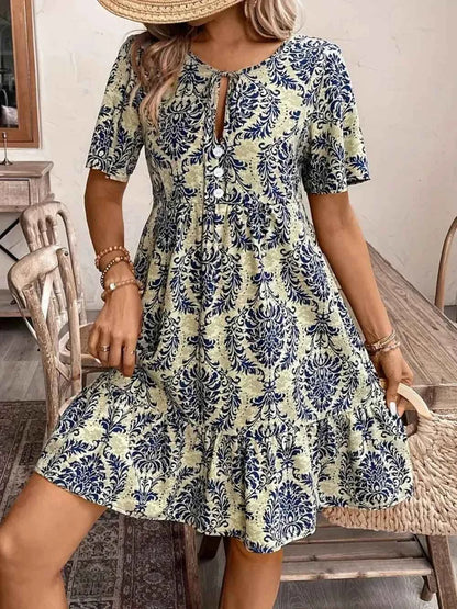 Printed Tie Neck Short Sleeve Dress
