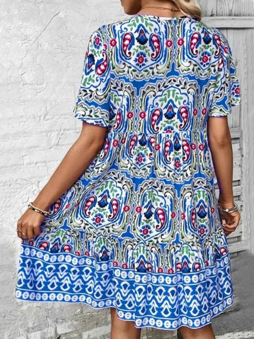 Printed Tie Neck Short Sleeve Dress