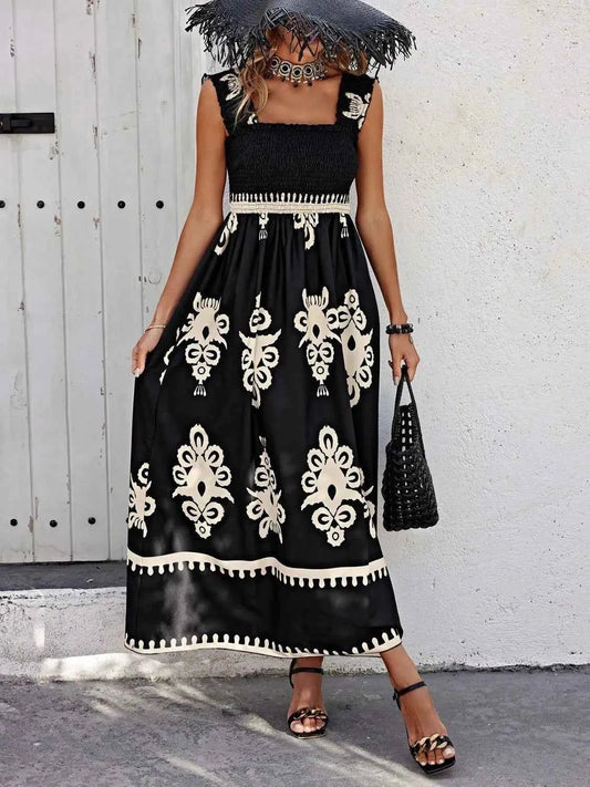 Smocked Printed Wide Strap Maxi Dress